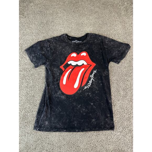 Rolling Stones Tops - Rolling Stones Shirt Womens Large Black Acid Wash Hot Lips Short Sleeve Rock